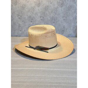 Artel Straw Cowboy Hat Size 7.5 Beige With Black Band & Feather Accent Lightweig